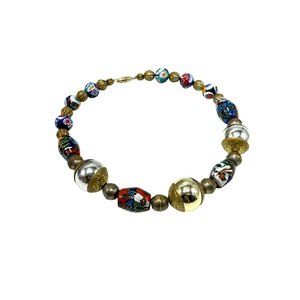 Vintage Italian Millefiori Beads Necklace Mixed Metal Beads Colorful Necklace